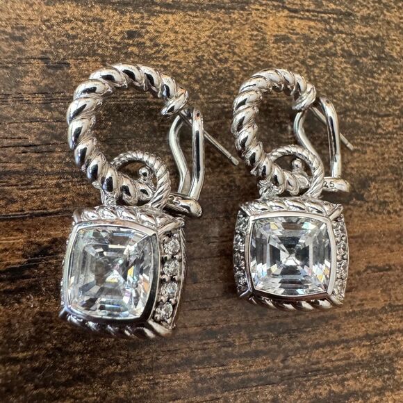 Judith Ripka Diamonique Earrings CZ & Sterling Silver Dangle Hoop Asscher Cut - Picture 3 of 8